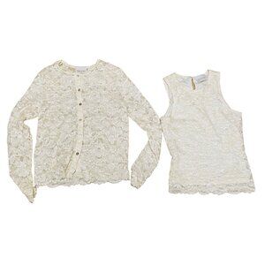 California Style Womens 2 Piece Blouse Sleeveless Ivory Lace Size Small Cardigan